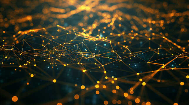 Digital visualization of a vast network of golden nodes interconnected to form a complex and intricate pattern on a dark background.