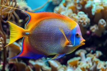 Obraz premium Vibrant Queen Angelfish Swimming Gracefully in a Coral Reef Aquarium Environment