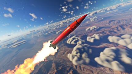 A red rocket is soaring through the sky, leaving behind a trail of smoke. The rocket is moving swiftly upwards against the backdrop of the blue sky.