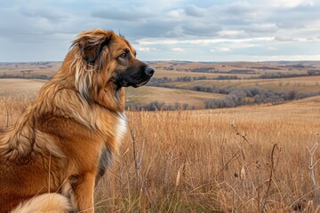 Majestic Dog Overlooking Vast Prairie Landscape with Autumn Colors in Natural Light