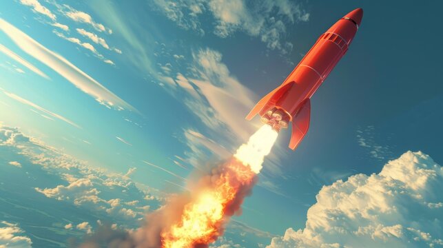 A vibrant red rocket is soaring through the sky, leaving a trail of smoke behind it. The rocket appears to be propelled by powerful engines as it moves swiftly through the air.