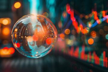 Stock market bubble. A large bubble in front of a stock market trading graph