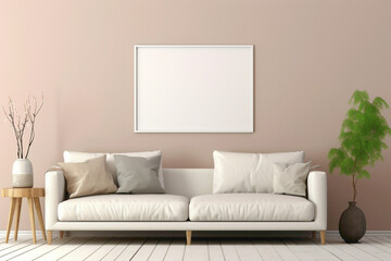Envision the tranquility of a beige and Scandinavian sofa with a white blank empty frame for copy text, against a soft color wall background.