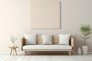 Fototapeta na wymiar Envision the simplicity of a single beige and Scandinavian sofa set against a white blank empty frame for copy text, against a soft color wall background.