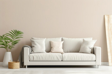 Envision the simplicity of a beige and Scandinavian sofa alongside a white blank empty frame for copy text, against a soft color wall background.