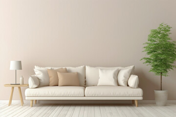 Envision the simplicity of a beige and Scandinavian sofa alongside a white blank empty frame for copy text, against a soft color wall background. - obrazy, fototapety, plakaty