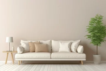 Foto op Canvas Envision the simplicity of a beige and Scandinavian sofa alongside a white blank empty frame for copy text, against a soft color wall background. © Usman
