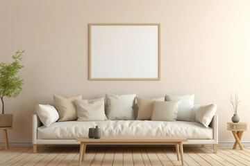 Envision the simplicity of a beige and Scandinavian sofa alongside a white blank empty frame for copy text, against a soft color wall background.