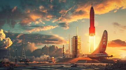 An artists rendering of a red rocket launching into the sky, with flames and smoke billowing from the engines as it ascends upwards towards space.