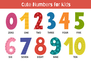 Doodle numbers 0-10 educational set for kids. Collection of colorful numbers in cartoon style. Educational clipart. One, two, three, four and others. Vector illustration