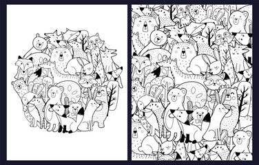 Doodle forest animals coloring pages set. Black and white templates bundle with cute woodland characters. Outline background. Vector illustration