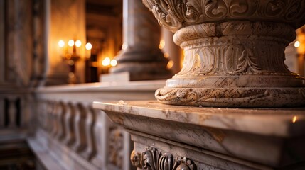 A close up photo of a marble column with a candle in the background