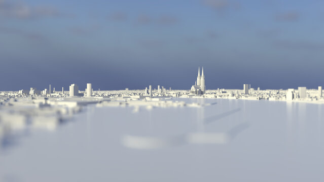 White 3D city model of Cologne. Daylight with dark sky in the distance.