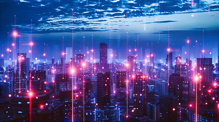 Digital Business and Technology in City, Futuristic Network and Skyscraper Communication, Urban Information Concept