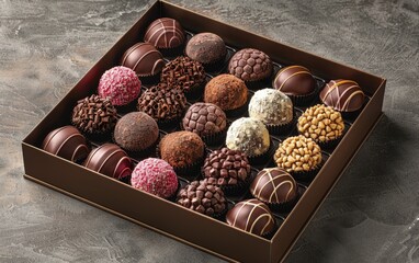 A box of chocolates placed on top of a wooden table, showcasing a sweet treat awaiting consumption.