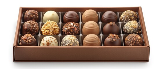 A box of chocolates placed on top of a white table, showcasing a sweet treat awaiting consumption.