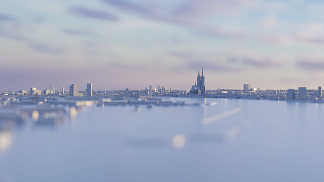 White 3D city model of Cologne. A light evening mood with a few clouds in the sky.