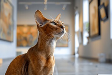 Elegant Abyssinian Cat Posing in Art Gallery Interior with Paintings and Abstract Art