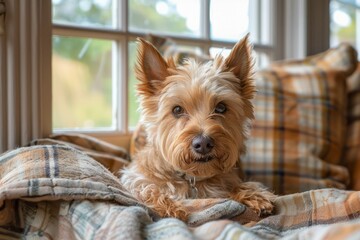 Adorable Yorkshire Terrier Dog Relaxing on a Plaid Blanket by the Window in Cozy Home Setting