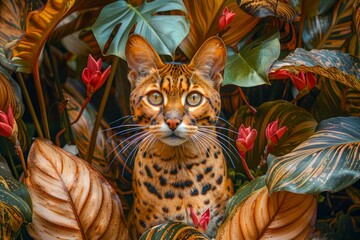 Captivating Bengal Cat Peering Out from Lush Tropical Foliage with Vivid Red Flowers and Green Leaves