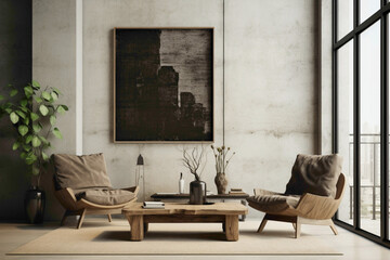 Envision a contemporary living space with wooden furniture against a textured concrete wall. A...