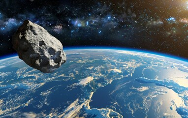 A realistic image of Earth from space, featuring a detailed asteroid near the planet against the backdrop of space.