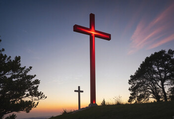 Fototapeta na wymiar The Cross on top of the hill, red light
