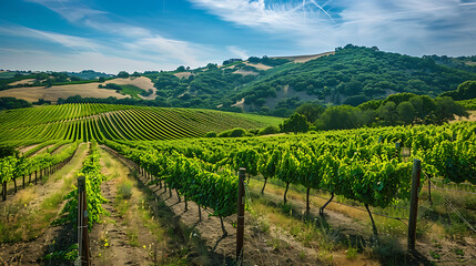 Fototapeta na wymiar A picturesque vineyard nestled in rolling hills, with rows of lush grapevines stretching as far as the eye can see