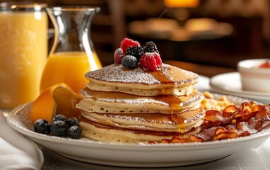 A stack of pancakes generously topped with fresh berries and drizzled with syrup, creating a delicious and indulgent breakfast or brunch treat.