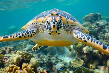 Majestic Sea Turtle Swimming Gracefully Over Coral Reef in Clear Blue Ocean Water