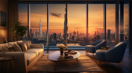 Modern and luxurious bedroom with white ceiling and wood accents with views of tall building and downtown Dubai skyline.