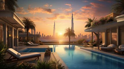 Fototapeta premium Modern and luxurious bedroom with white ceiling and wood accents with views of tall building and downtown Dubai skyline.