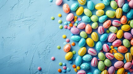 Easter, candy and confectionery on isolated on blue background. Happy Easter. Candy, chocolate, sweets.