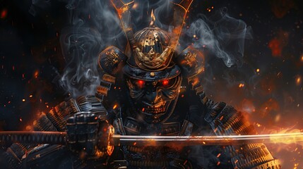 A demon samurai with red eyes smoke and fire in dark background