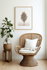 Enjoy the boho charm stylish living room, wicker chair, floor vases, and a blank mockup poster frame against a crisp white wall.