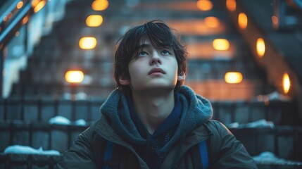 Obraz premium Depressed boy sitting alone at school stairs, Victim of school bullying, Stress and mental problems in childhood, teenager depression theme