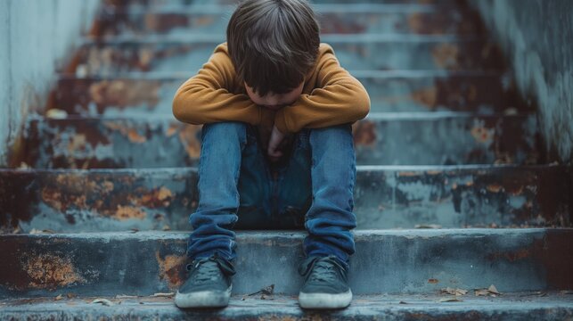 Depressed boy sitting alone at school stairs, Victim of school bullying, Stress and mental problems in childhood, teenager depression theme
