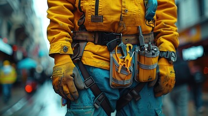 Construction Site: Against the backdrop of a construction site, a skilled tradesperson dons a tool belt filled with essential tools, showcasing their readiness to handle various tasks on the job site  - obrazy, fototapety, plakaty