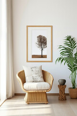 Embrace the bohemian style modern living area with wicker chair, floor vases, and a blank mockup poster frame against a crisp white wall.