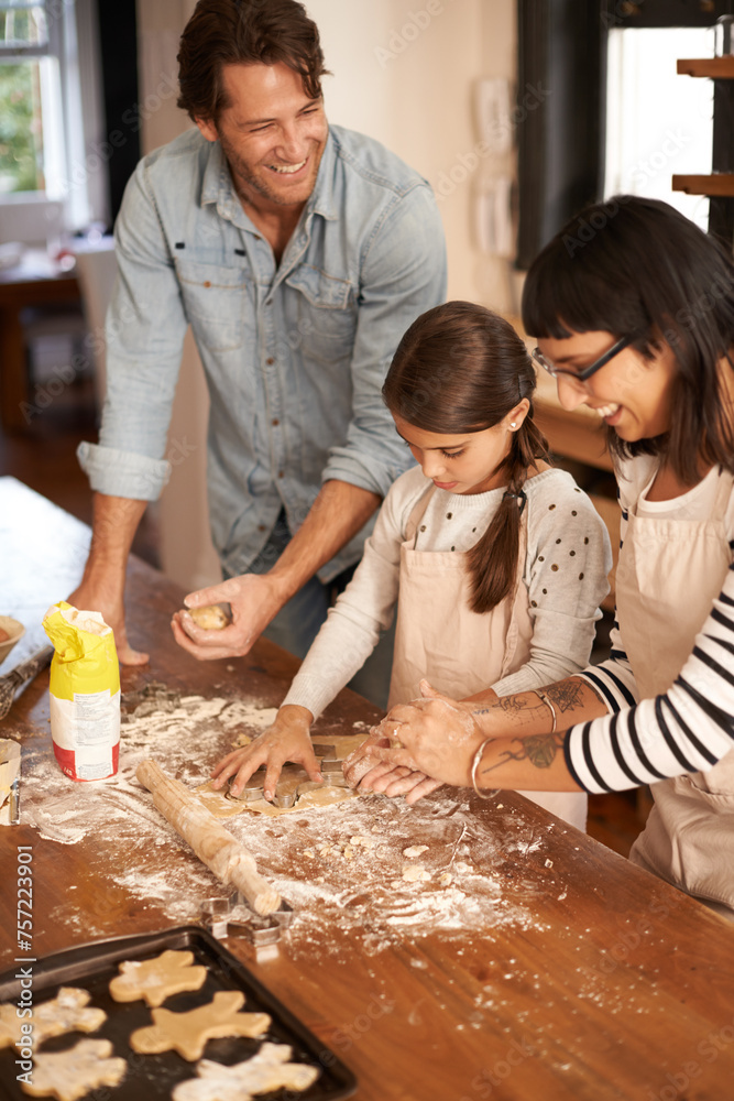 Sticker Parents, kid and happy with bake biscuits in kitchen for easter season or bonding, child development and growth. Home, family and flower or dough for cookies with fun, teaching and support on holiday