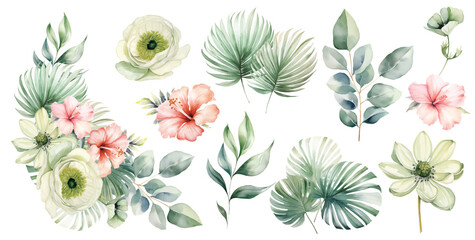 Watercolor tropical bouquet with flowers and green palm leaves isolated illustration - obrazy, fototapety, plakaty