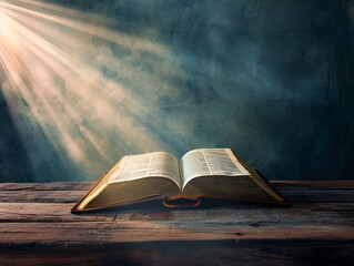 The Bible, unfolded and bathed in divine light, radiates the wisdom and sacredness