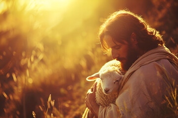 At sunset, Jesus Christ embraces a lamb in his arms, radiating warmth and compassion - obrazy, fototapety, plakaty