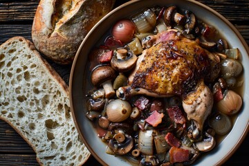 Coq au Vin: Succulent Chicken with Mushrooms, Bacon, and Wine Sauce