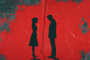 Family Is Torn In Two Parts, Divorce Or Couple Crisis Abstract Concept With Red Paint Background, Break Up - obrazy, fototapety, plakaty