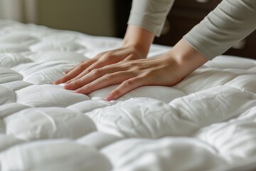 Close up of hands woman putting white fitted sheet over mattress on bed.