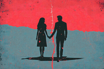 Couple Illustration On Torn Paper, Divorce or Family Crisis Abstract Concept, Break Up - obrazy, fototapety, plakaty