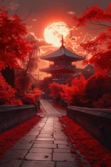 Fotobehang Japanese theme poster, mount Fuji and temple © arti om
