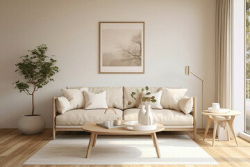 Elegant white frame harmonizes with beige and Scandinavian elements, offering a glimpse of a modern living room with plain walls, wooden floor, and a touch of greenery.