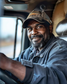 A cheerful truck driver sitting in the cabin and making eye contact with the camera